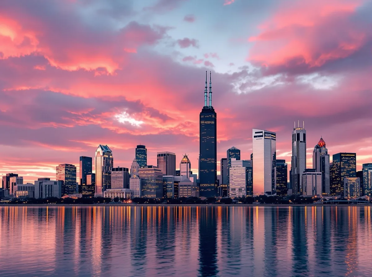 Chicago skyline reflected in the water at sunset